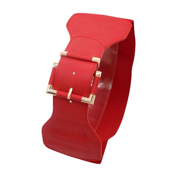 New Women Red Elastic Wide Fashion Belt Hip High Waist Gold Square Buckle S M - Picture 9 of 16